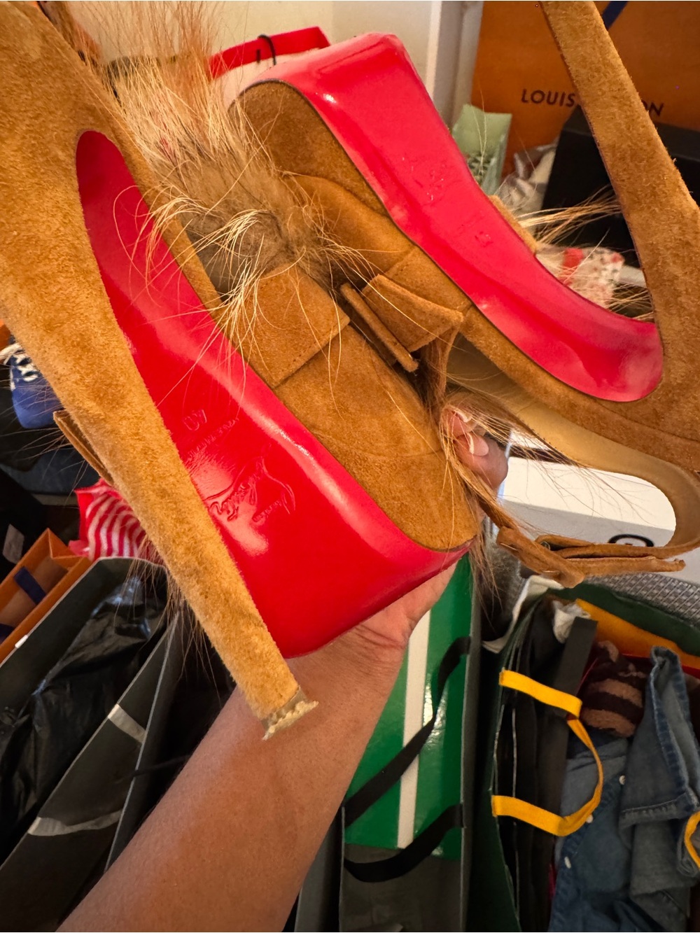 Splash Fur Christian Louboutin Suede Pom-Pom Platform Sandals - Picture 8 of 8